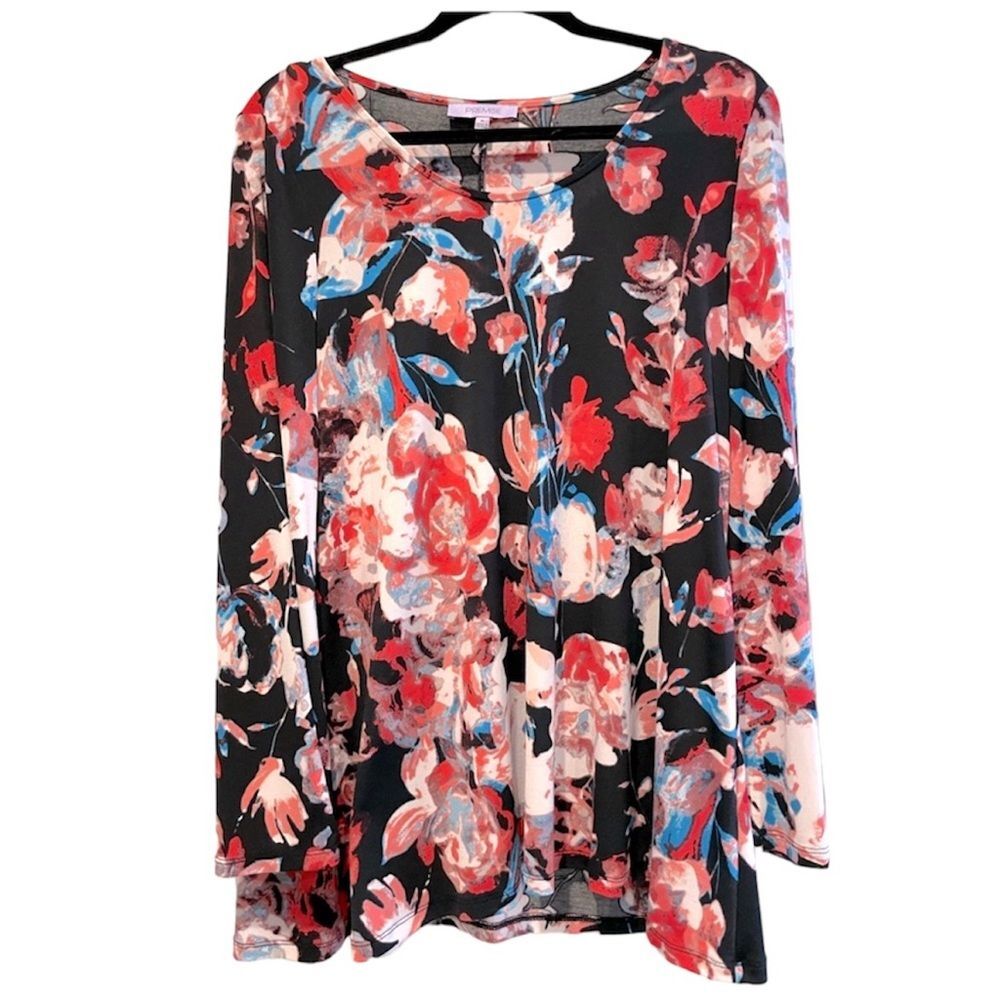Premise Long Sleeve Tunic Blouse Black/Pink Floral Roomy Fit Size Medium (LG)